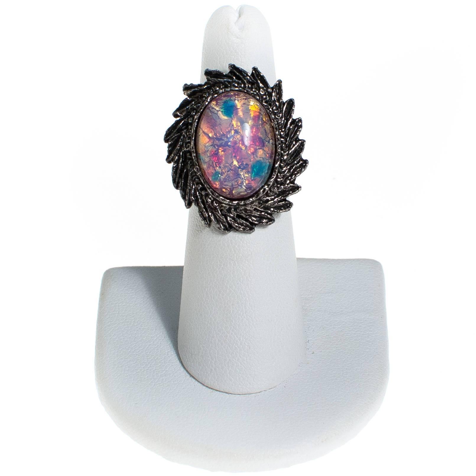 Opaline Crystal Statement Ring, Silver Tone Setting, Adjustable by 1960s - Vintage Meet Modern Vintage Jewelry - Chicago, Illinois - #oldhollywoodglamour #vintagemeetmodern #designervintage #jewelrybox #antiquejewelry #vintagejewelry