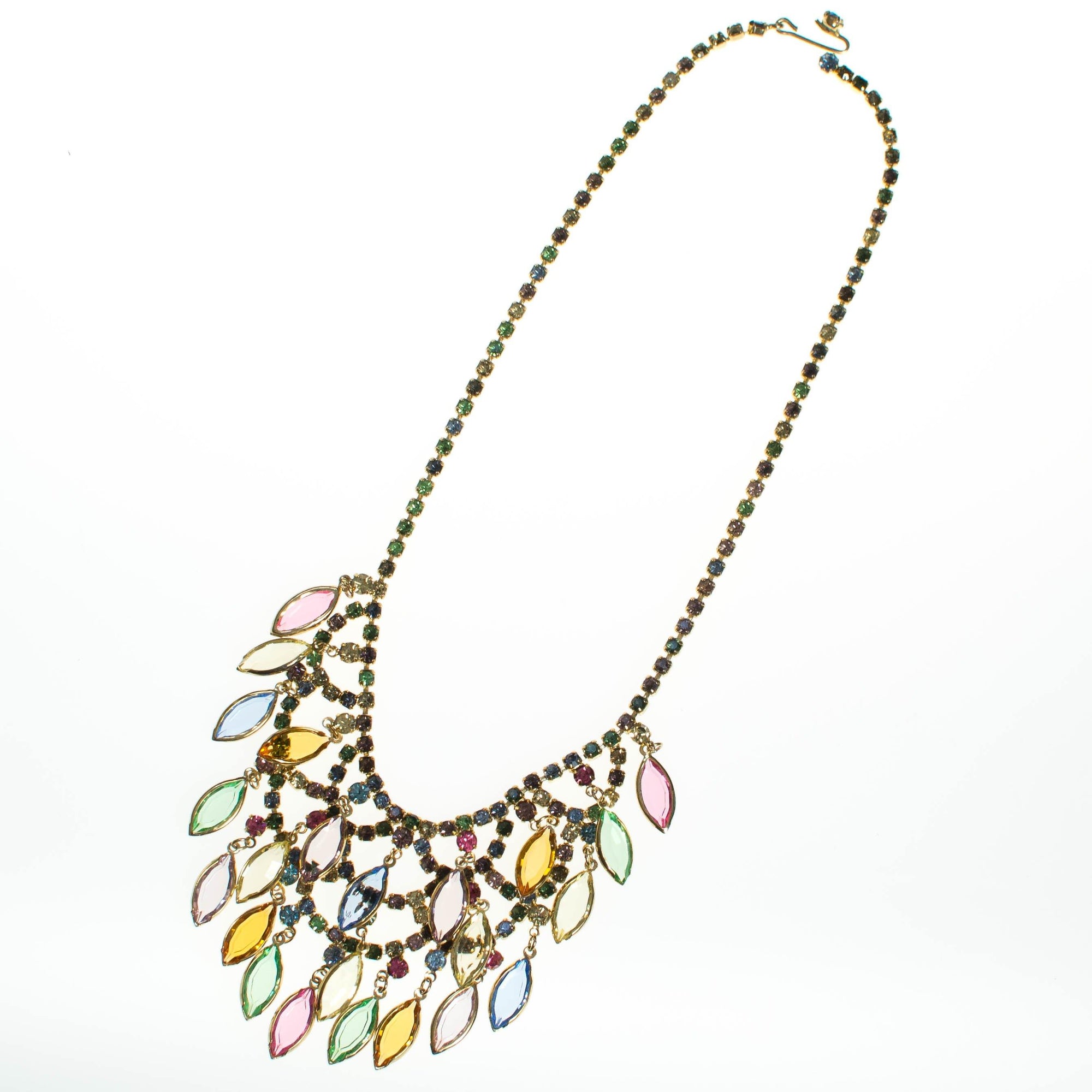 Vintage Waterfall Bib Necklace with Pastel Rhinestones by 1960s - Vintage Meet Modern Vintage Jewelry - Chicago, Illinois - #oldhollywoodglamour #vintagemeetmodern #designervintage #jewelrybox #antiquejewelry #vintagejewelry