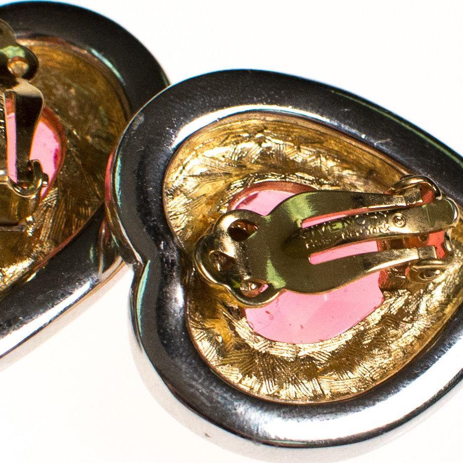 Vintage Givenchy Couture Heart Gold and Silver Heart Earrings with Pink Rhinestones, Clip On by Givenchy - Vintage Meet Modern Vintage Jewelry - Chicago, Illinois - #oldhollywoodglamour #vintagemeetmodern #designervintage #jewelrybox #antiquejewelry #vintagejewelry