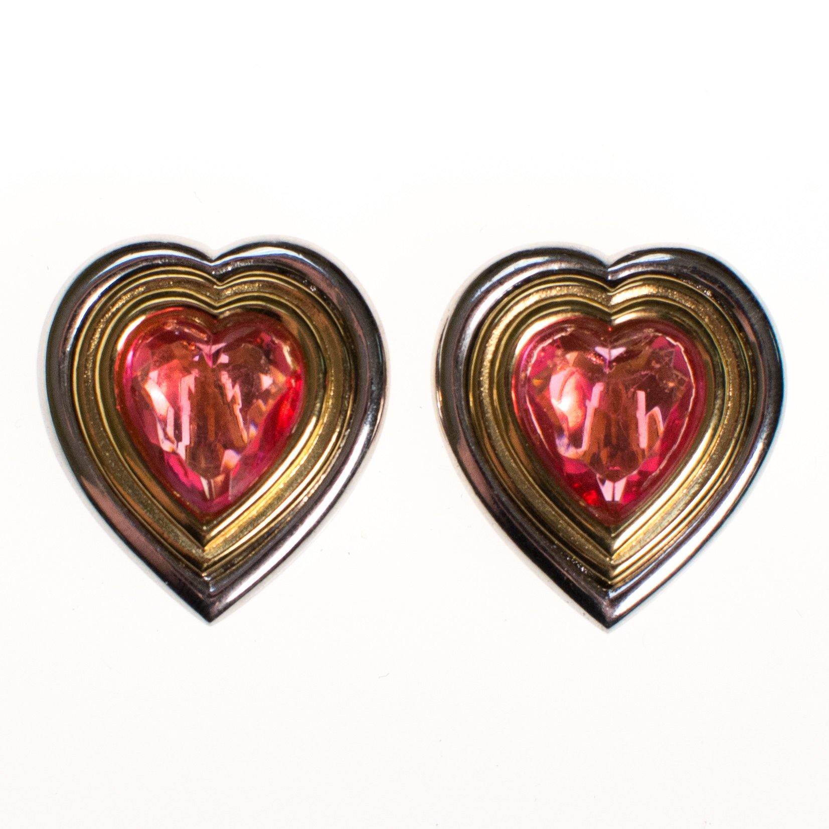 Vintage Givenchy Couture Heart Gold and Silver Heart Earrings with Pink Rhinestones, Clip On by Givenchy - Vintage Meet Modern Vintage Jewelry - Chicago, Illinois - #oldhollywoodglamour #vintagemeetmodern #designervintage #jewelrybox #antiquejewelry #vintagejewelry