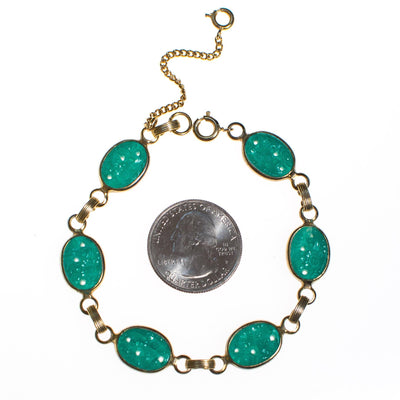 Vintage Carved Jade Pressed Glass Bracelet by 1960s - Vintage Meet Modern Vintage Jewelry - Chicago, Illinois - #oldhollywoodglamour #vintagemeetmodern #designervintage #jewelrybox #antiquejewelry #vintagejewelry