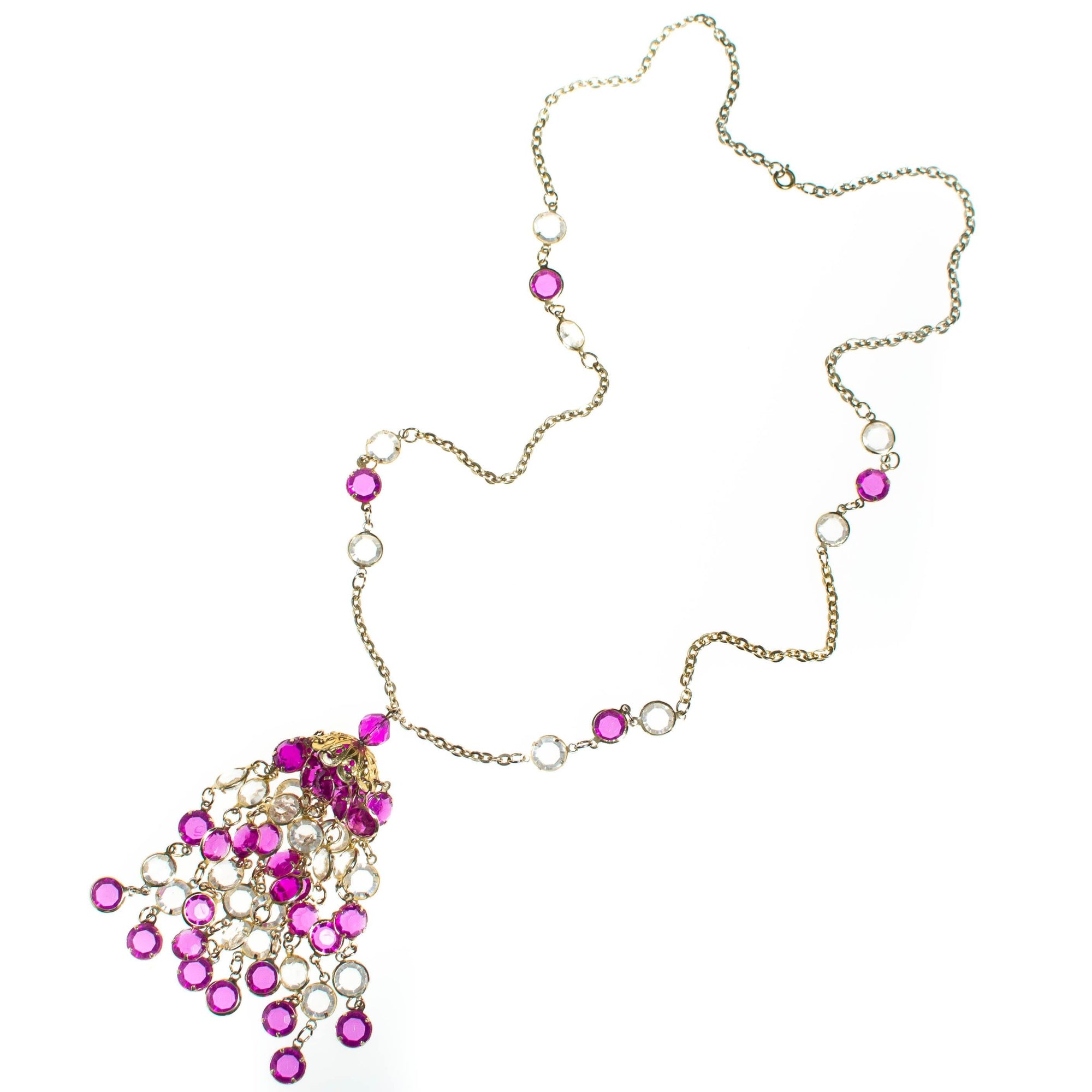 Vintage Purple and Crystal Bezel Set Tassel Necklace by 1960s - Vintage Meet Modern Vintage Jewelry - Chicago, Illinois - #oldhollywoodglamour #vintagemeetmodern #designervintage #jewelrybox #antiquejewelry #vintagejewelry