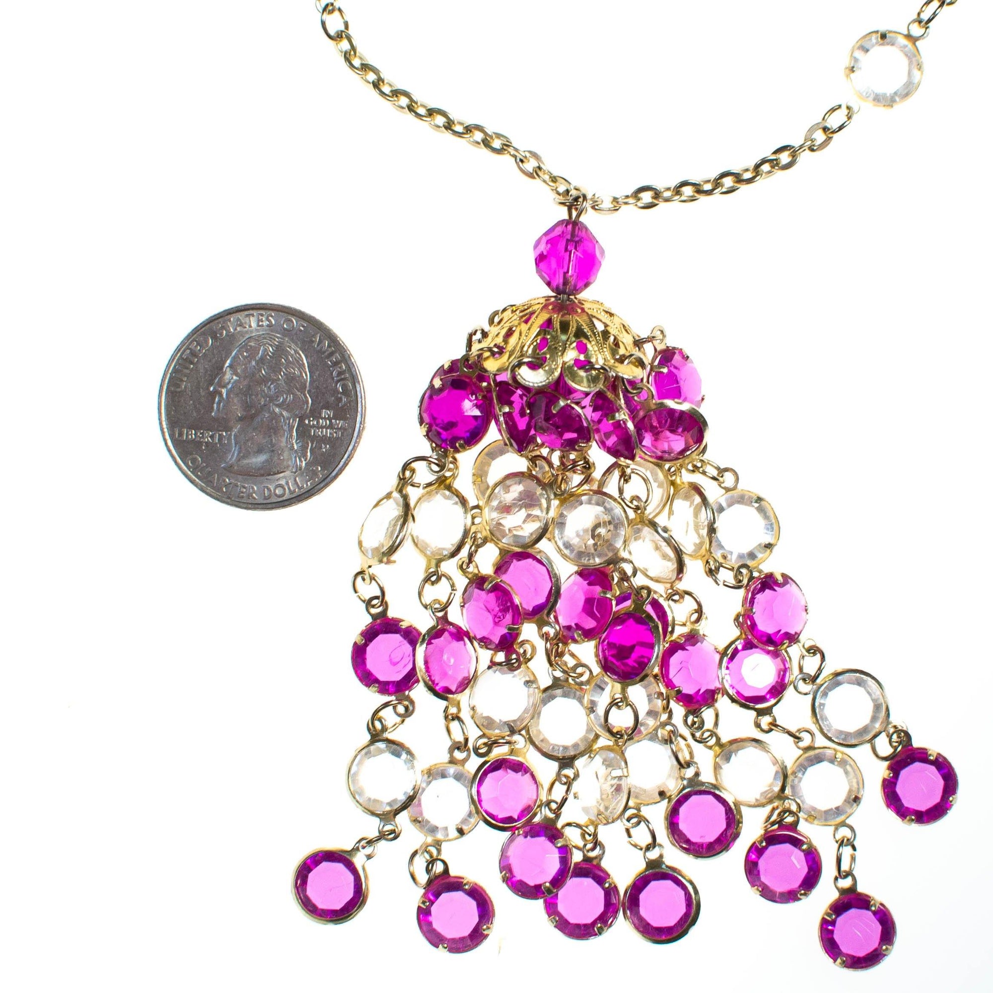 Vintage Purple and Crystal Bezel Set Tassel Necklace by 1960s - Vintage Meet Modern Vintage Jewelry - Chicago, Illinois - #oldhollywoodglamour #vintagemeetmodern #designervintage #jewelrybox #antiquejewelry #vintagejewelry