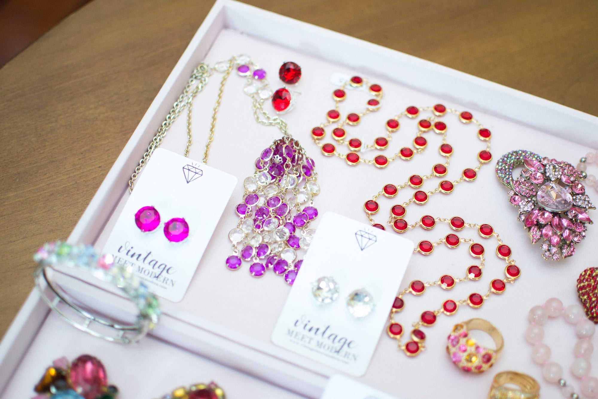 Vintage Purple and Crystal Bezel Set Tassel Necklace by 1960s - Vintage Meet Modern Vintage Jewelry - Chicago, Illinois - #oldhollywoodglamour #vintagemeetmodern #designervintage #jewelrybox #antiquejewelry #vintagejewelry