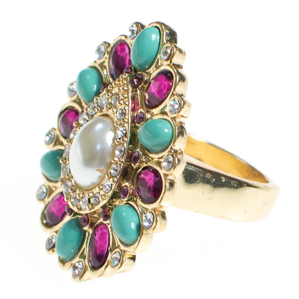 Vintage Scassi Amethyst, Turquoise, Pearl, and Rhinestone Statement Ring by Scassi - Vintage Meet Modern Vintage Jewelry - Chicago, Illinois - #oldhollywoodglamour #vintagemeetmodern #designervintage #jewelrybox #antiquejewelry #vintagejewelry