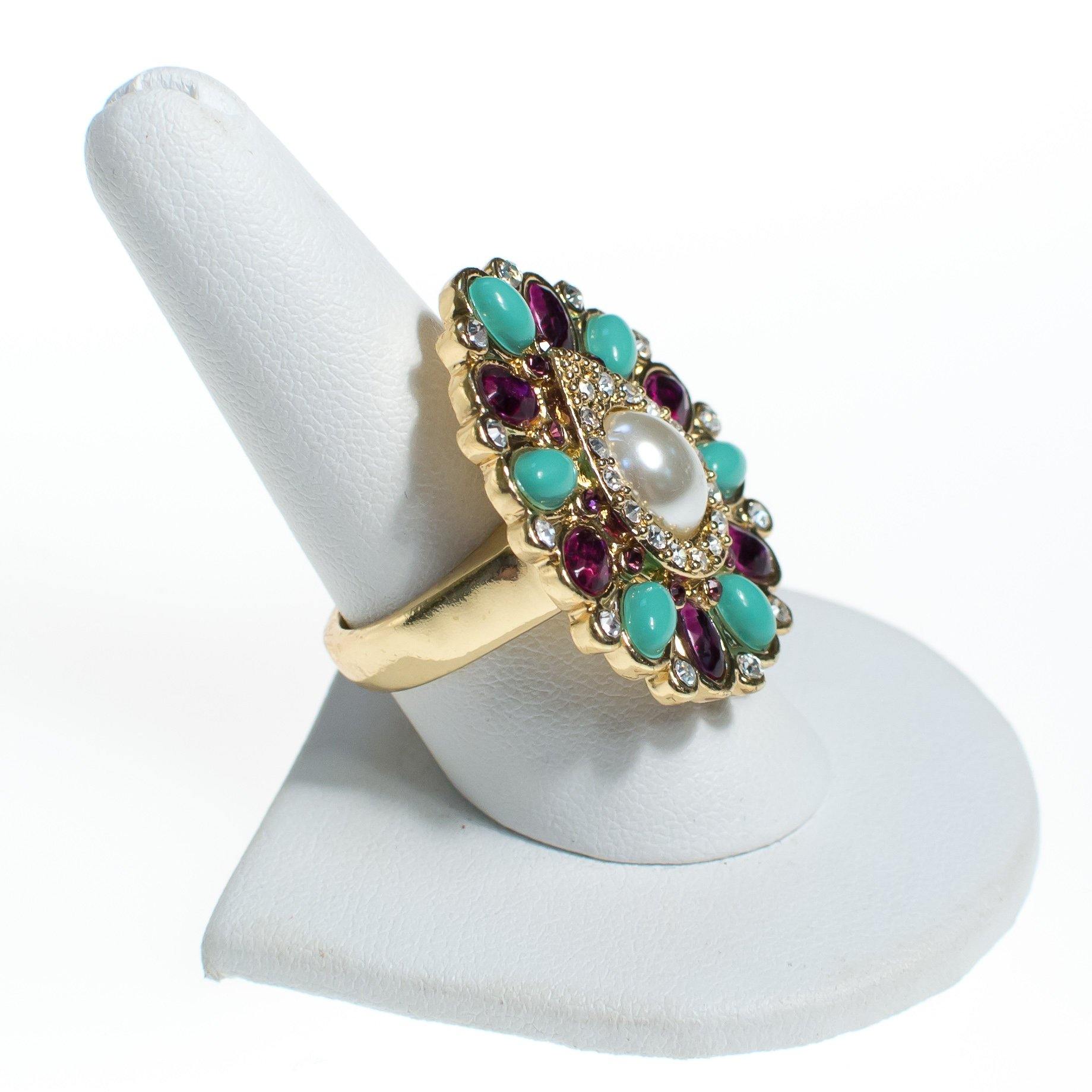 Vintage Scassi Amethyst, Turquoise, Pearl, and Rhinestone Statement Ring by Scassi - Vintage Meet Modern Vintage Jewelry - Chicago, Illinois - #oldhollywoodglamour #vintagemeetmodern #designervintage #jewelrybox #antiquejewelry #vintagejewelry
