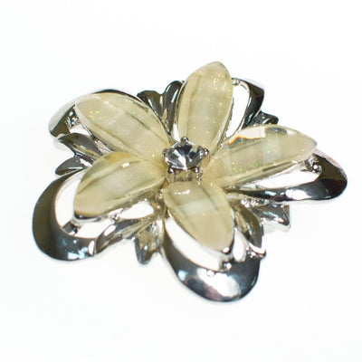 Vintage Yellow Lucite and Silver Flower Brooch by Lucite - Vintage Meet Modern Vintage Jewelry - Chicago, Illinois - #oldhollywoodglamour #vintagemeetmodern #designervintage #jewelrybox #antiquejewelry #vintagejewelry