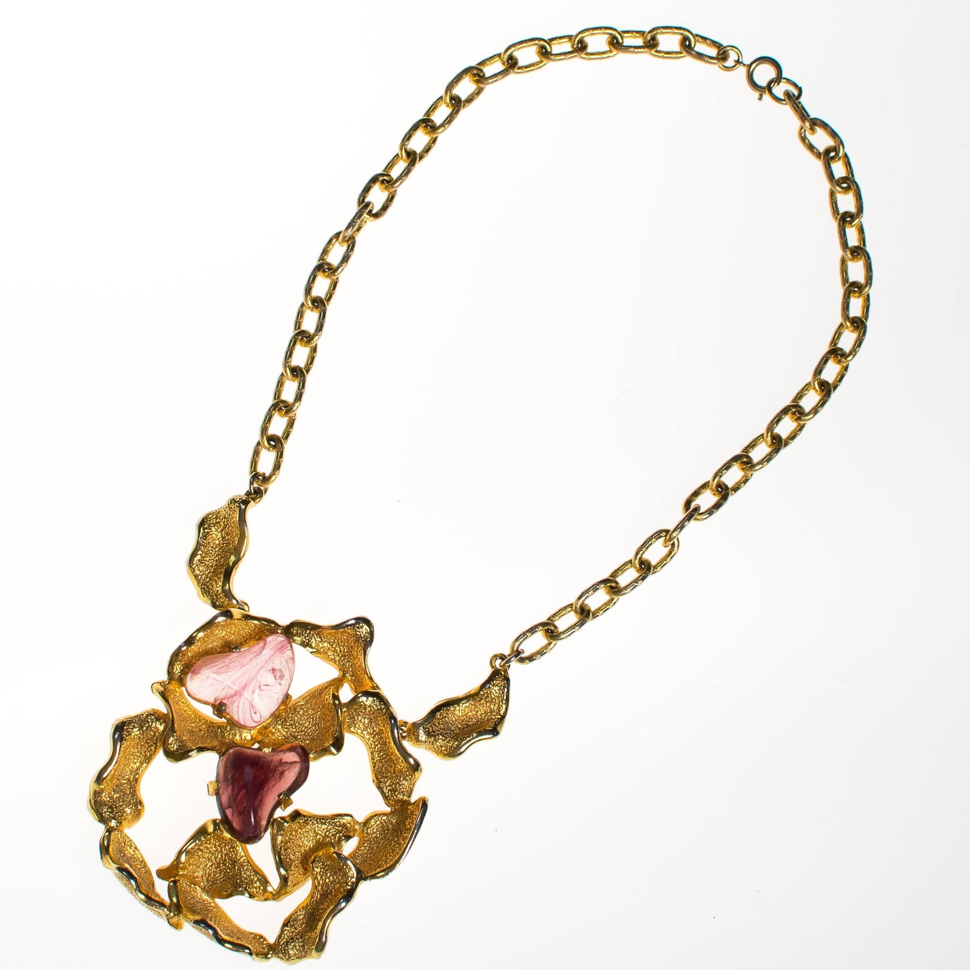 Vintage Castlecliff Statement Necklace with Rose Quartz and Amethyst Hearts by Castlecliff - Vintage Meet Modern Vintage Jewelry - Chicago, Illinois - #oldhollywoodglamour #vintagemeetmodern #designervintage #jewelrybox #antiquejewelry #vintagejewelry