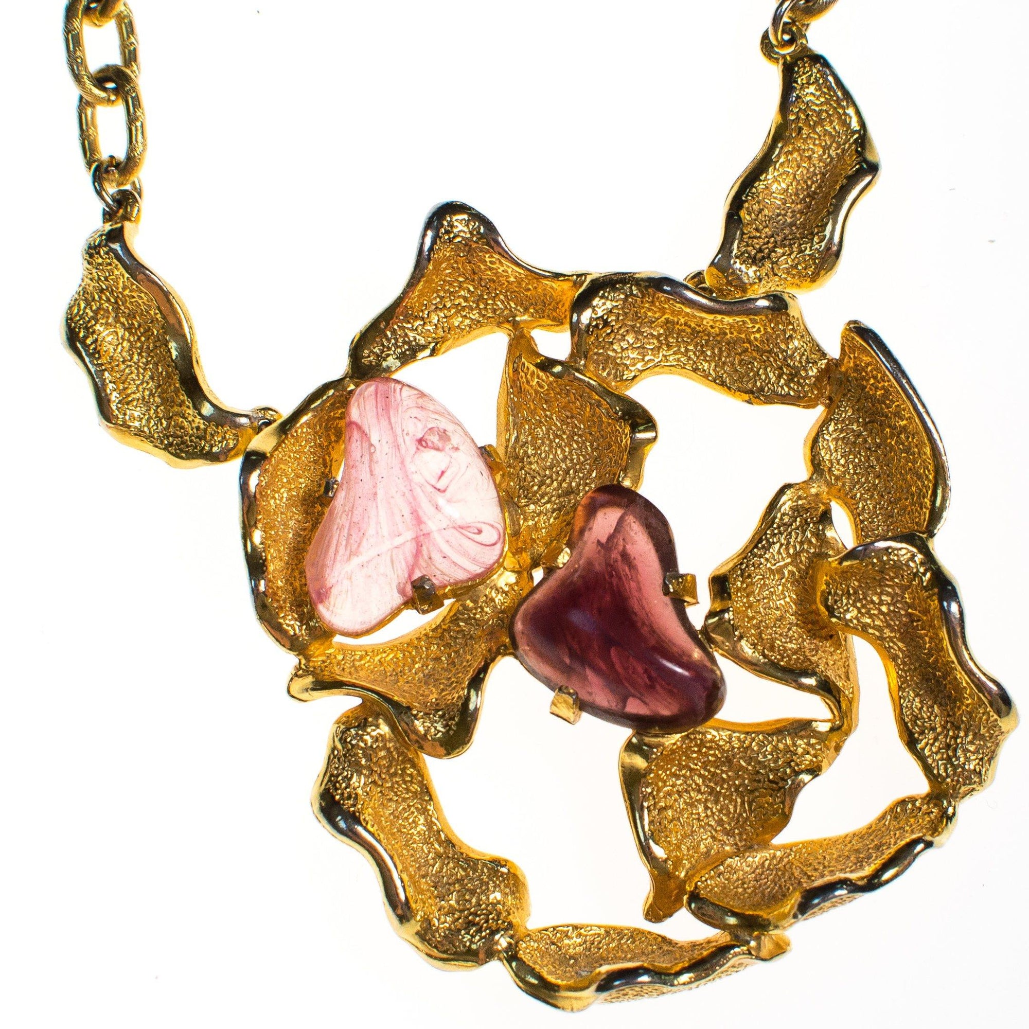 Vintage Castlecliff Statement Necklace with Rose Quartz and Amethyst Hearts by Castlecliff - Vintage Meet Modern Vintage Jewelry - Chicago, Illinois - #oldhollywoodglamour #vintagemeetmodern #designervintage #jewelrybox #antiquejewelry #vintagejewelry