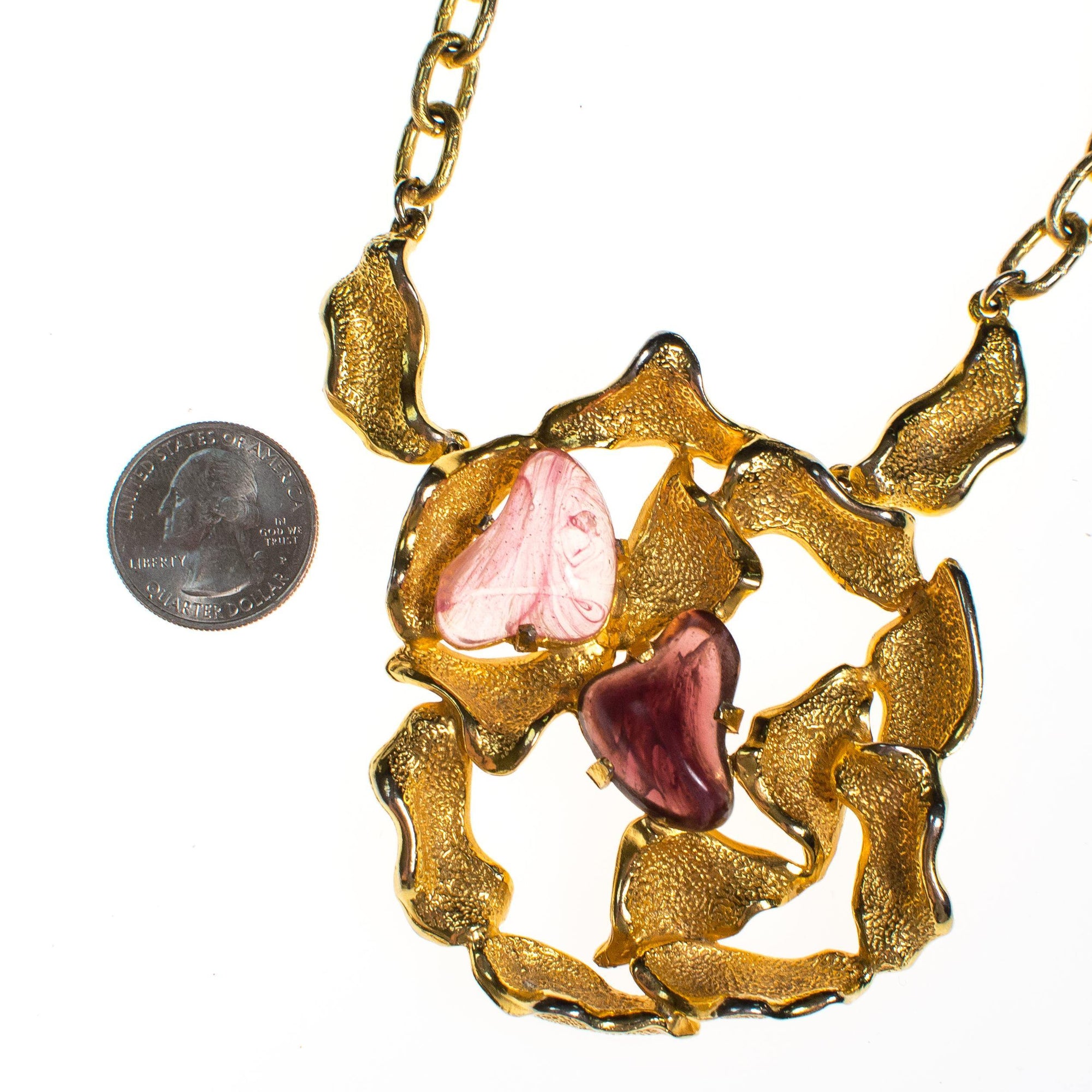 Vintage Castlecliff Statement Necklace with Rose Quartz and Amethyst Hearts by Castlecliff - Vintage Meet Modern Vintage Jewelry - Chicago, Illinois - #oldhollywoodglamour #vintagemeetmodern #designervintage #jewelrybox #antiquejewelry #vintagejewelry