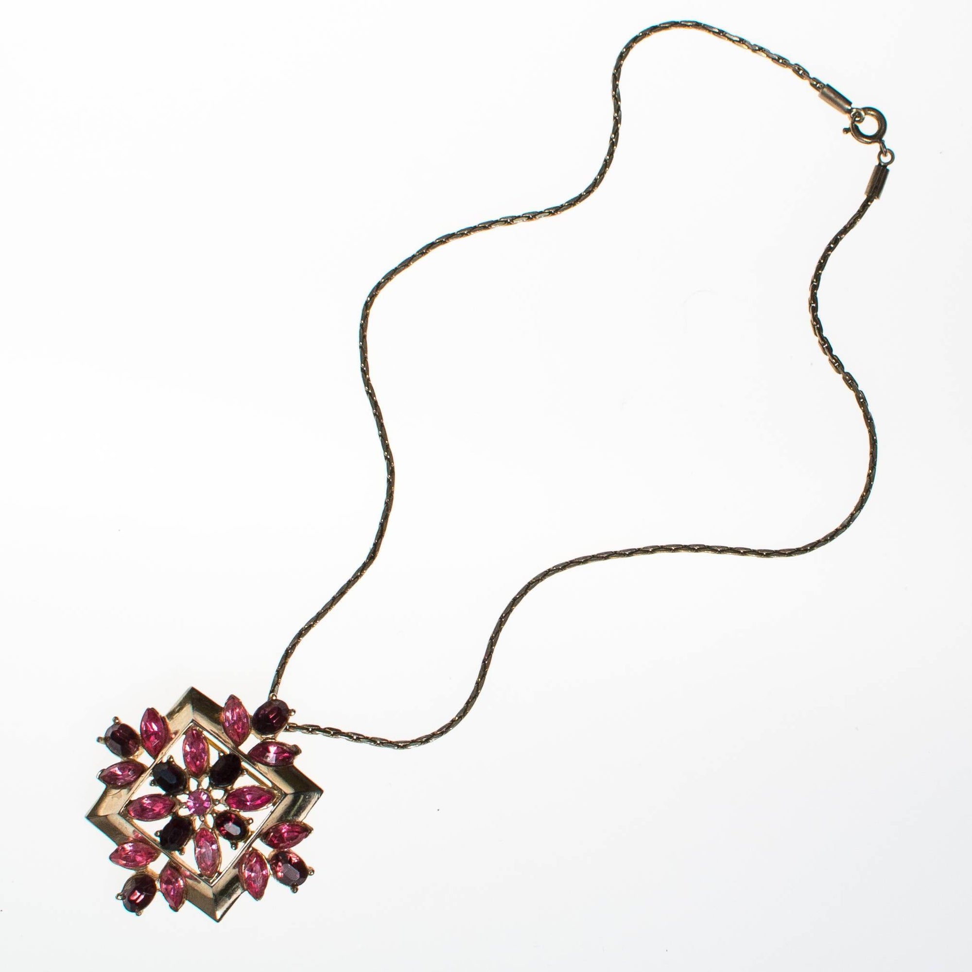Vintage Pink and Purple Rhinestone Pendant Necklace by Anthony - Vintage Meet Modern Vintage Jewelry - Chicago, Illinois - #oldhollywoodglamour #vintagemeetmodern #designervintage #jewelrybox #antiquejewelry #vintagejewelry