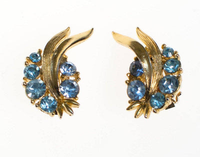 Vintage Blue Rhinestone Earrings Set in Gold Tone by 1960s - Vintage Meet Modern Vintage Jewelry - Chicago, Illinois - #oldhollywoodglamour #vintagemeetmodern #designervintage #jewelrybox #antiquejewelry #vintagejewelry