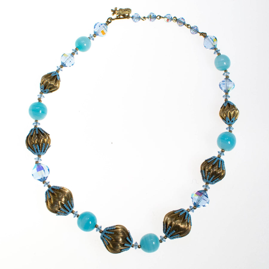 Vintage Vendome Blue Crystal and Gold Bead Necklace by Vendome - Vintage Meet Modern Vintage Jewelry - Chicago, Illinois - #oldhollywoodglamour #vintagemeetmodern #designervintage #jewelrybox #antiquejewelry #vintagejewelry