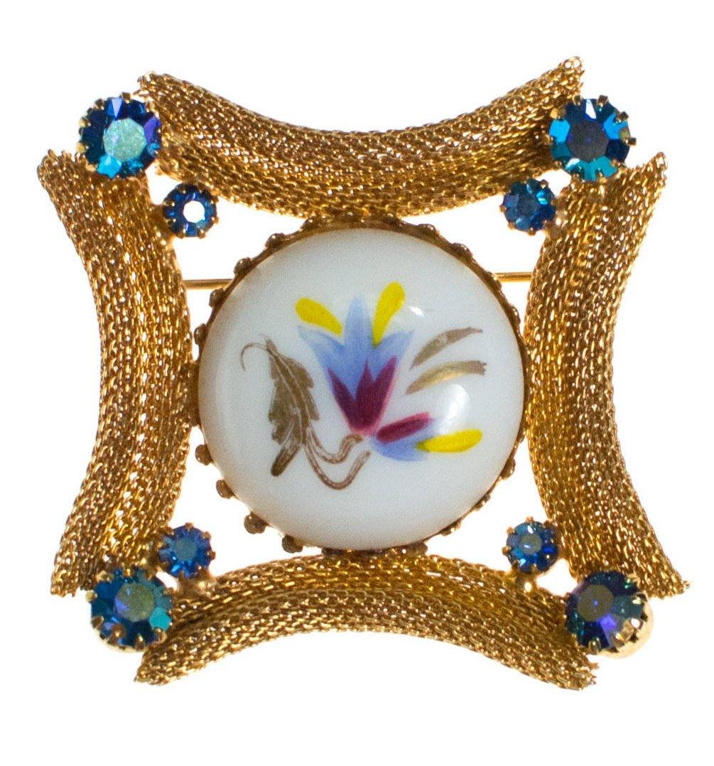 Hand Painted Floral Porcelain Brooch with Rhinestones, Gold Tone Setting by Vintage Meet Modern - Vintage Meet Modern Vintage Jewelry - Chicago, Illinois - #oldhollywoodglamour #vintagemeetmodern #designervintage #jewelrybox #antiquejewelry #vintagejewelry