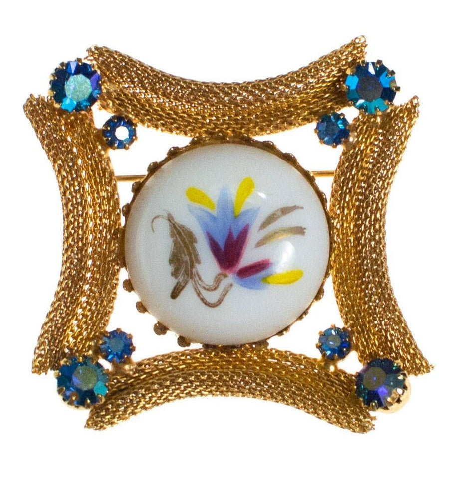 Hand Painted Floral Porcelain Brooch with Rhinestones, Gold Tone Setting by Vintage Meet Modern - Vintage Meet Modern Vintage Jewelry - Chicago, Illinois - #oldhollywoodglamour #vintagemeetmodern #designervintage #jewelrybox #antiquejewelry #vintagejewelry