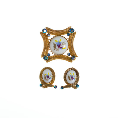 Vintage Hand Painted Porcelain Floral Earrings, White and Gold Tone with Rhinestones, Clip On by 1960s - Vintage Meet Modern Vintage Jewelry - Chicago, Illinois - #oldhollywoodglamour #vintagemeetmodern #designervintage #jewelrybox #antiquejewelry #vintagejewelry