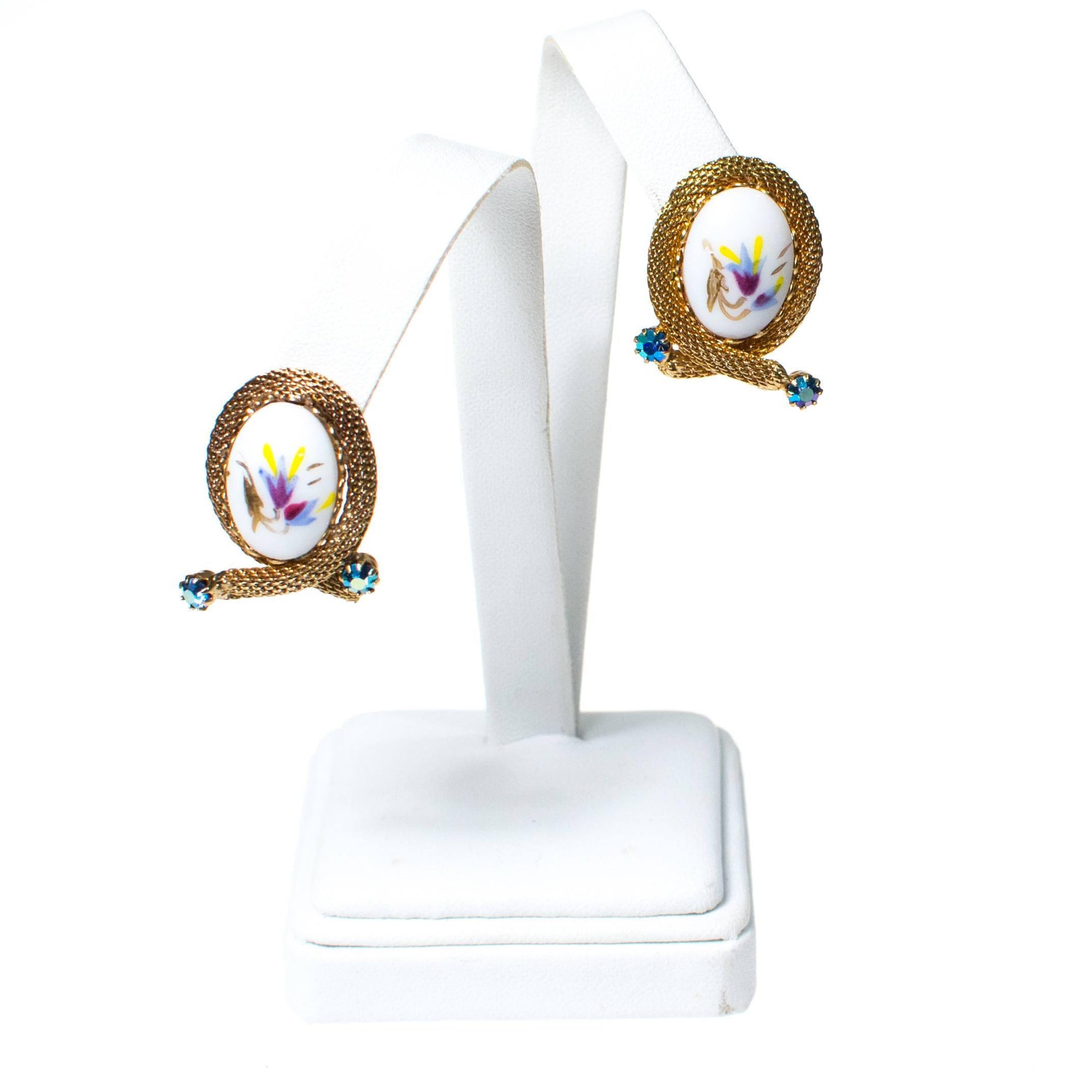 Vintage Hand Painted Porcelain Floral Earrings, White and Gold Tone with Rhinestones, Clip On by 1960s - Vintage Meet Modern Vintage Jewelry - Chicago, Illinois - #oldhollywoodglamour #vintagemeetmodern #designervintage #jewelrybox #antiquejewelry #vintagejewelry