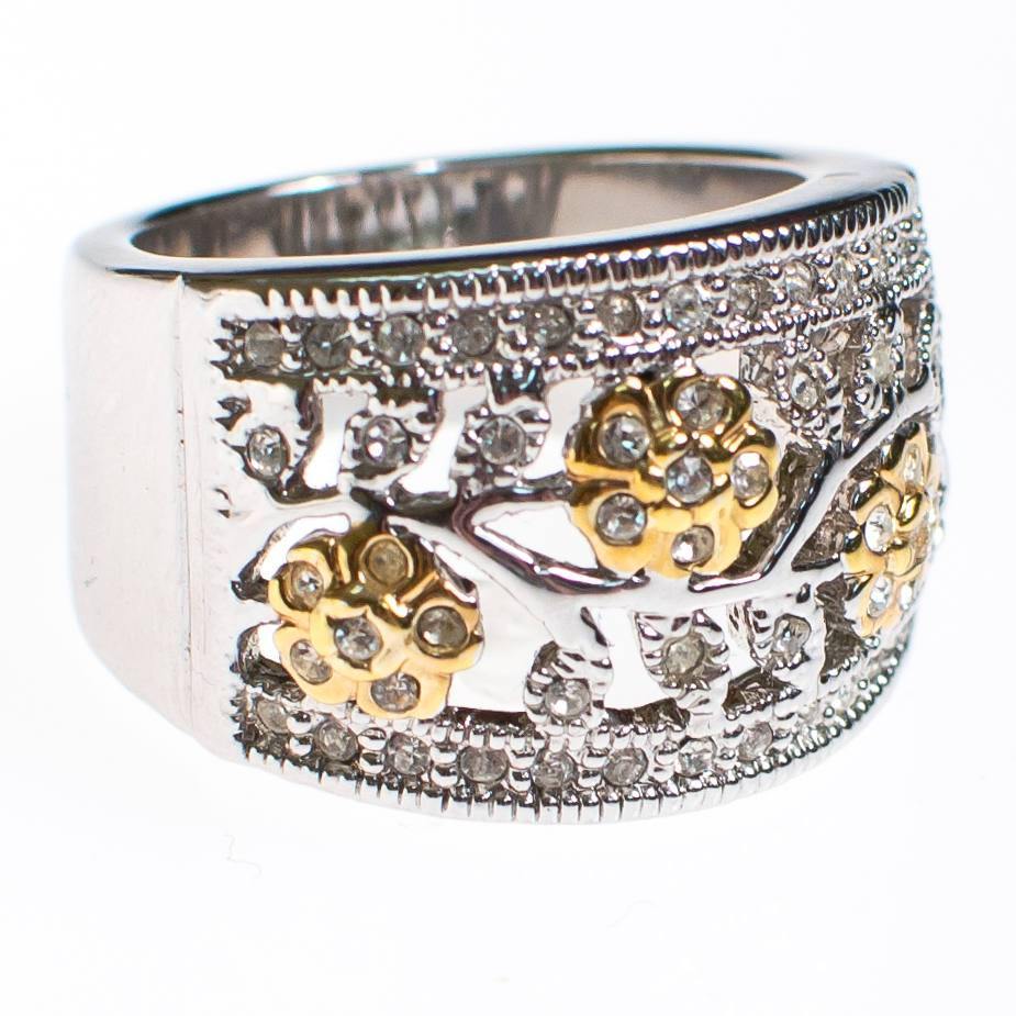 Diamonique CZ Floral Design Gold and Silver Wide Band Ring by 1990s - Vintage Meet Modern Vintage Jewelry - Chicago, Illinois - #oldhollywoodglamour #vintagemeetmodern #designervintage #jewelrybox #antiquejewelry #vintagejewelry