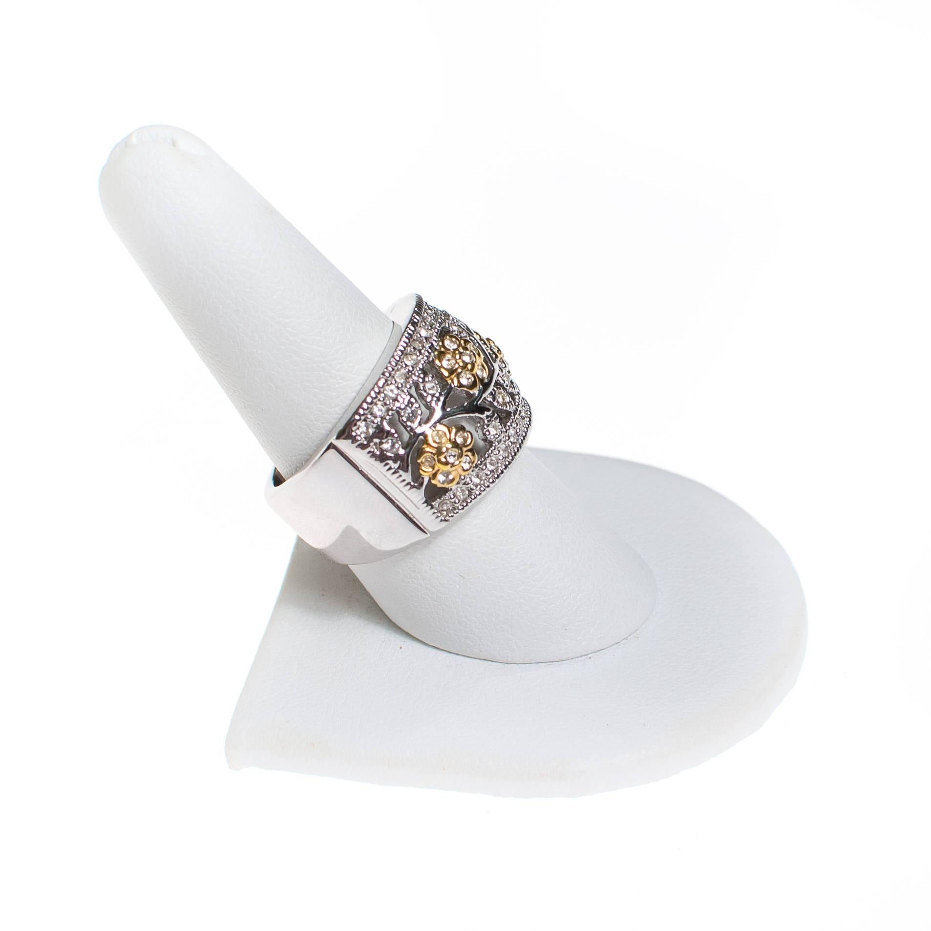 Diamonique CZ Floral Design Gold and Silver Wide Band Ring by 1990s - Vintage Meet Modern Vintage Jewelry - Chicago, Illinois - #oldhollywoodglamour #vintagemeetmodern #designervintage #jewelrybox #antiquejewelry #vintagejewelry
