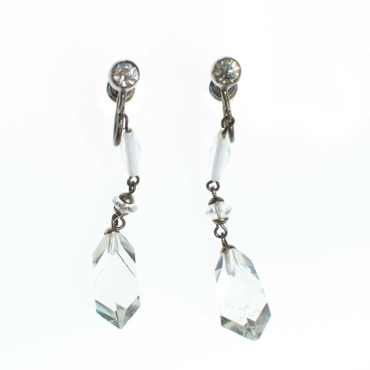 Vintage Czech Art Deco Faceted Crystal Dangling Drop Earrings