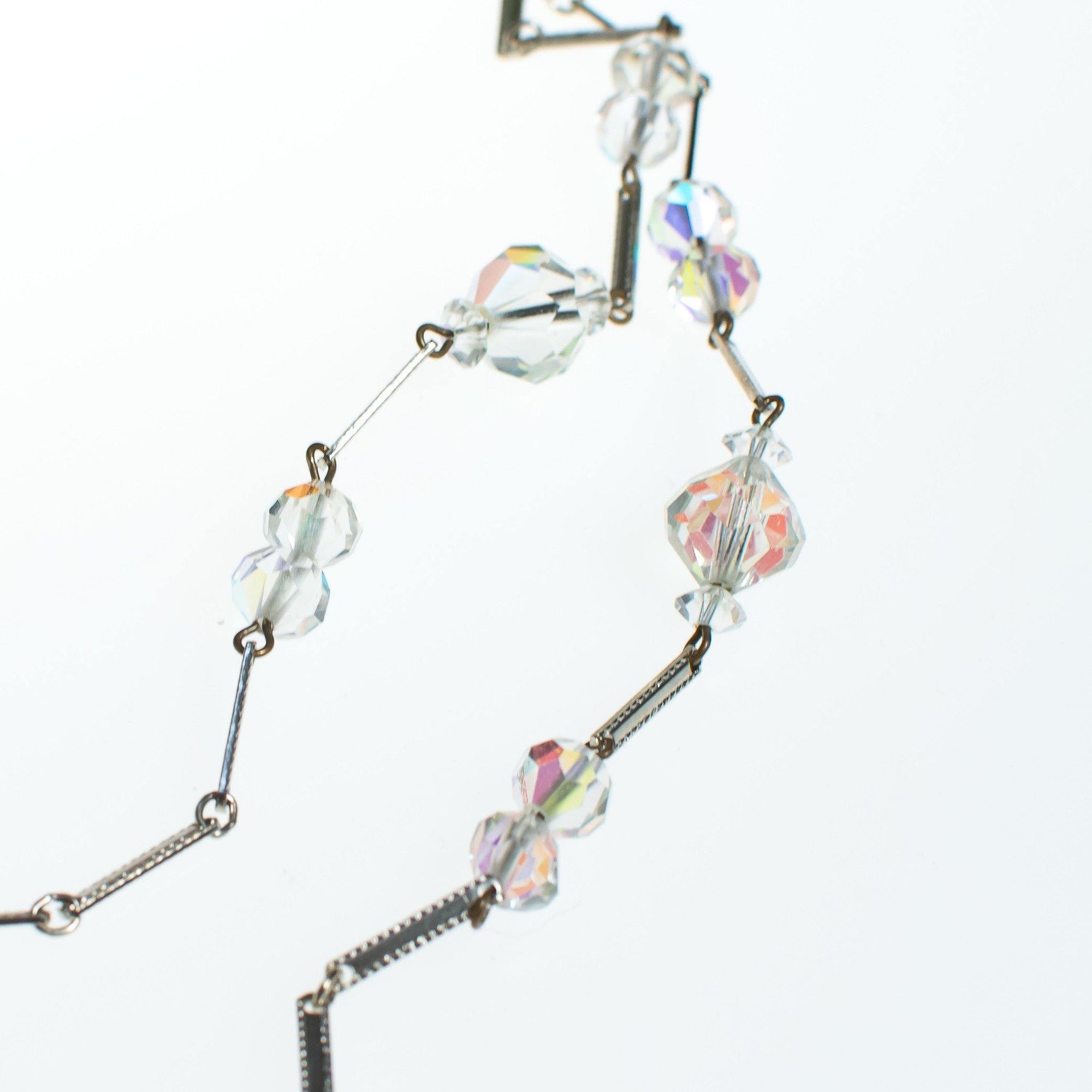 Vintage Aurora Borealis Crystal and Silver Long Flat Link Chain Necklace by Aurora Borealis - Vintage Meet Modern Vintage Jewelry - Chicago, Illinois - #oldhollywoodglamour #vintagemeetmodern #designervintage #jewelrybox #antiquejewelry #vintagejewelry