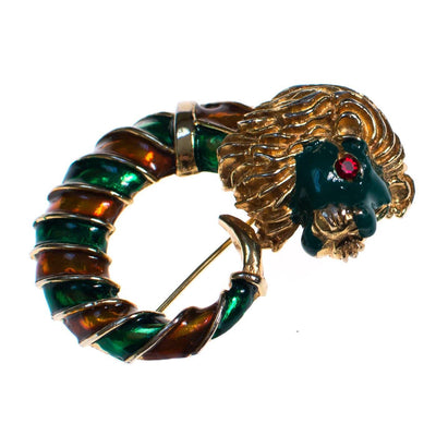 Vintage Lion Brooch Gold Tone with Green and Orange Enamel by 1960s - Vintage Meet Modern Vintage Jewelry - Chicago, Illinois - #oldhollywoodglamour #vintagemeetmodern #designervintage #jewelrybox #antiquejewelry #vintagejewelry