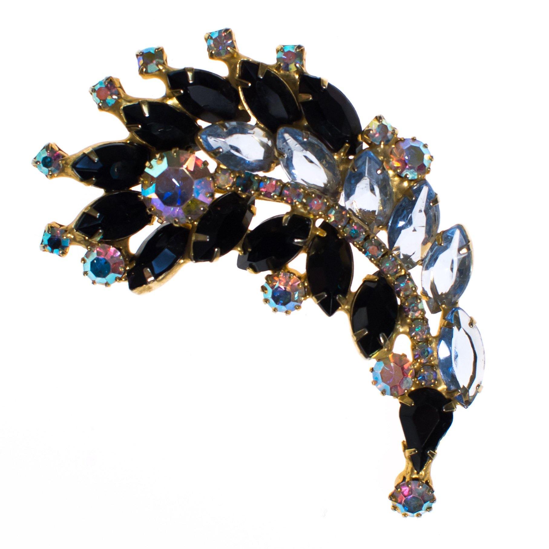 Vintage Juliana Aurora Borealis, Gray, and Jet Crystal Rhinestone Spray Style Brooch by Juliana - Vintage Meet Modern Vintage Jewelry - Chicago, Illinois - #oldhollywoodglamour #vintagemeetmodern #designervintage #jewelrybox #antiquejewelry #vintagejewelry