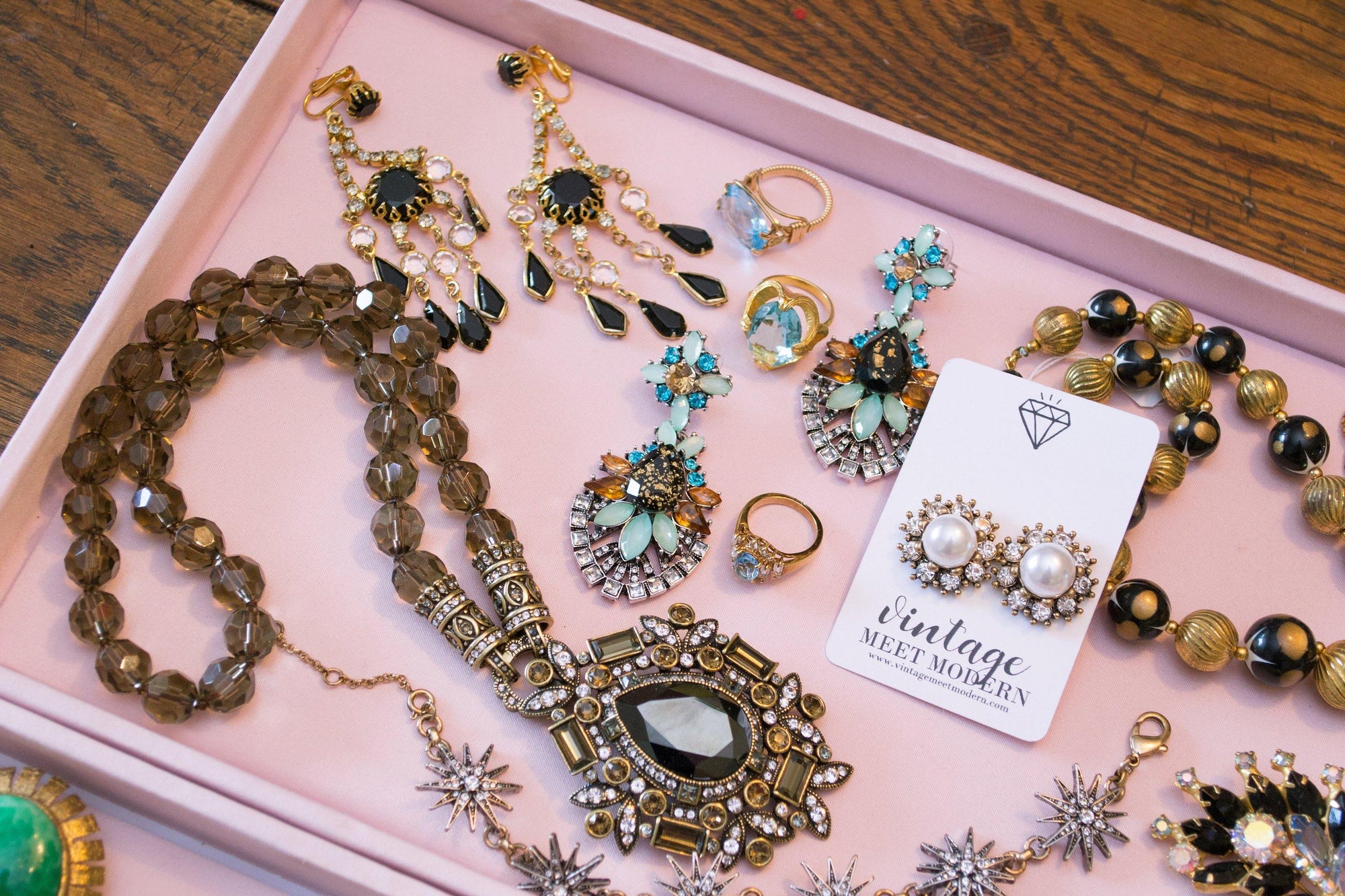 Vintage Heidi Daus Jet, Hematite, and Smokey Topaz Pendant Brooch and Faceted Crystal Beaded Necklace by Heidi Daus - Vintage Meet Modern Vintage Jewelry - Chicago, Illinois - #oldhollywoodglamour #vintagemeetmodern #designervintage #jewelrybox #antiquejewelry #vintagejewelry