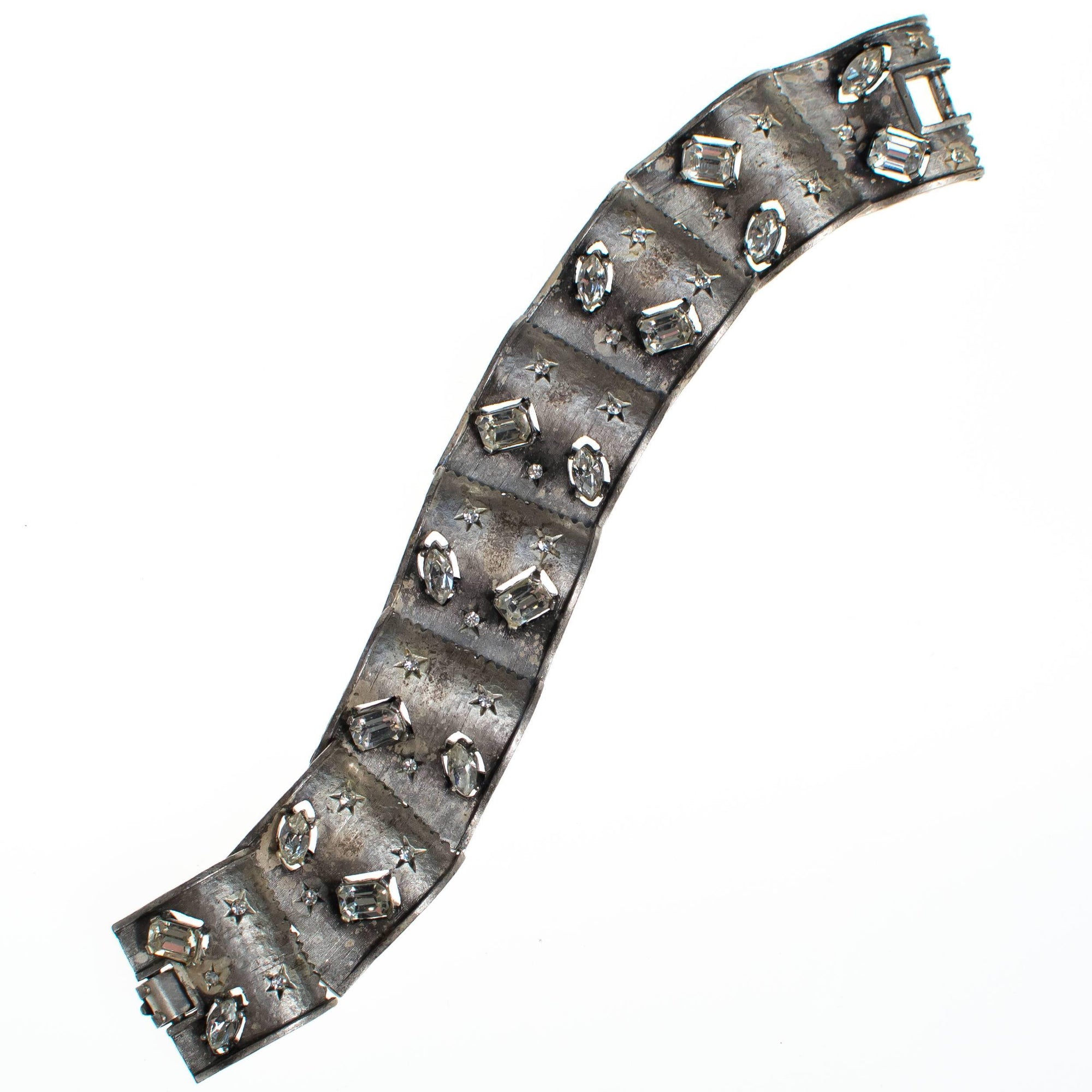 Vintage Silver Panel Bracelet with Crystal Rhinestone Stars by 1950s - Vintage Meet Modern Vintage Jewelry - Chicago, Illinois - #oldhollywoodglamour #vintagemeetmodern #designervintage #jewelrybox #antiquejewelry #vintagejewelry