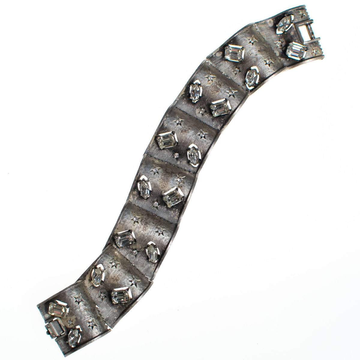 Vintage Silver Panel Bracelet with Crystal Rhinestone Stars