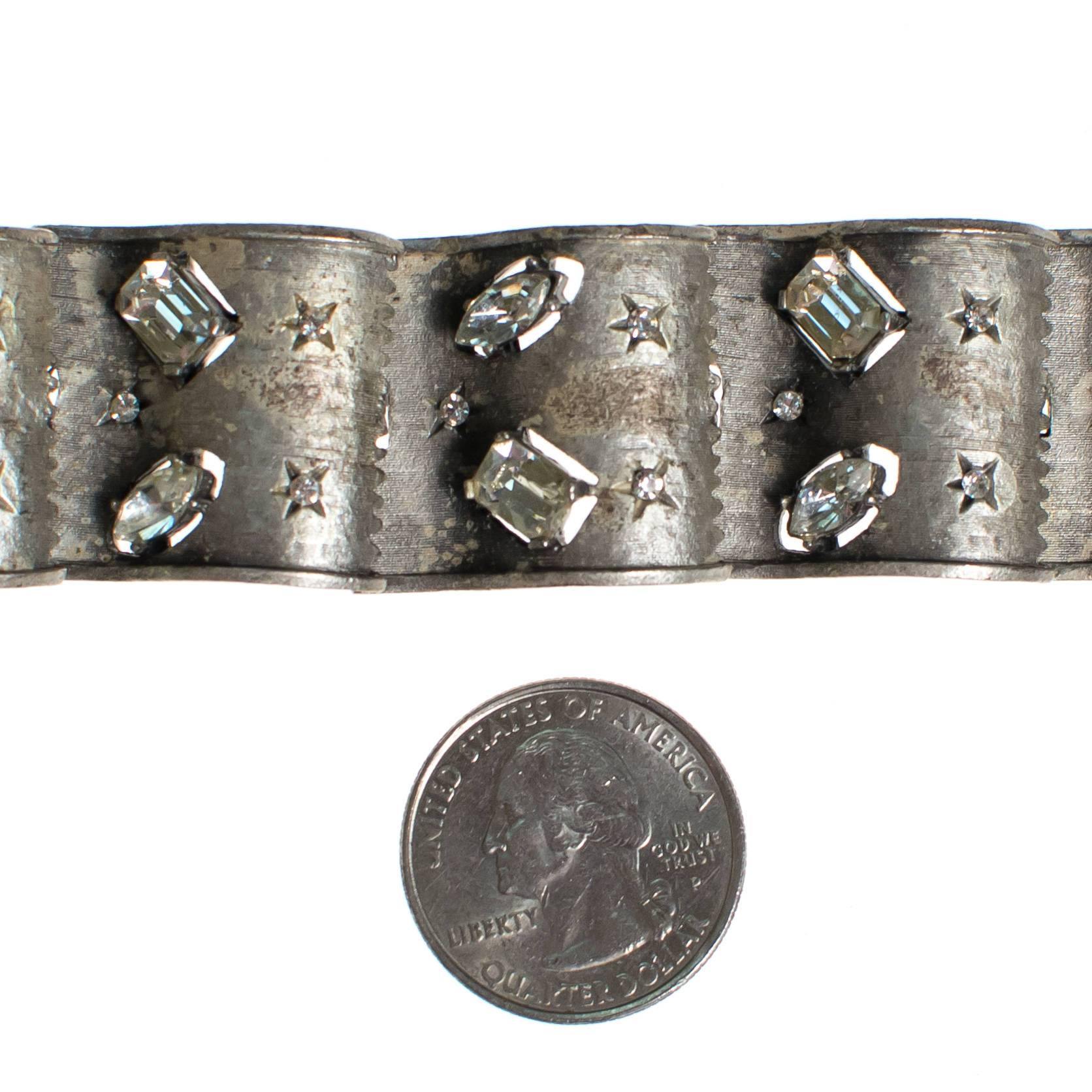 Vintage Silver Panel Bracelet with Crystal Rhinestone Stars by 1950s - Vintage Meet Modern Vintage Jewelry - Chicago, Illinois - #oldhollywoodglamour #vintagemeetmodern #designervintage #jewelrybox #antiquejewelry #vintagejewelry