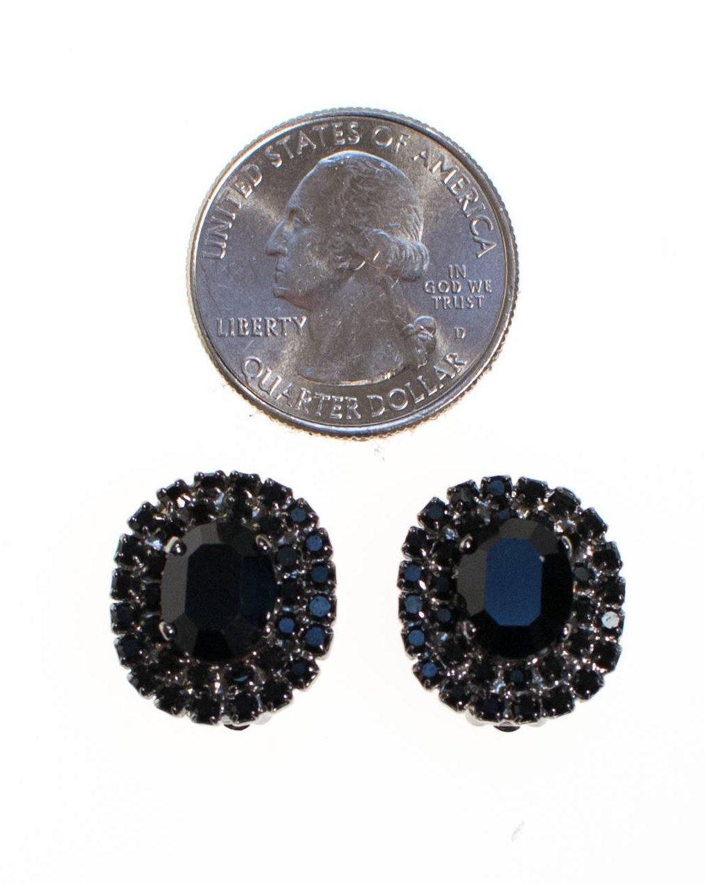Vintage Jet Black Rhinestone Earrings, Clip On by 1950s - Vintage Meet Modern Vintage Jewelry - Chicago, Illinois - #oldhollywoodglamour #vintagemeetmodern #designervintage #jewelrybox #antiquejewelry #vintagejewelry