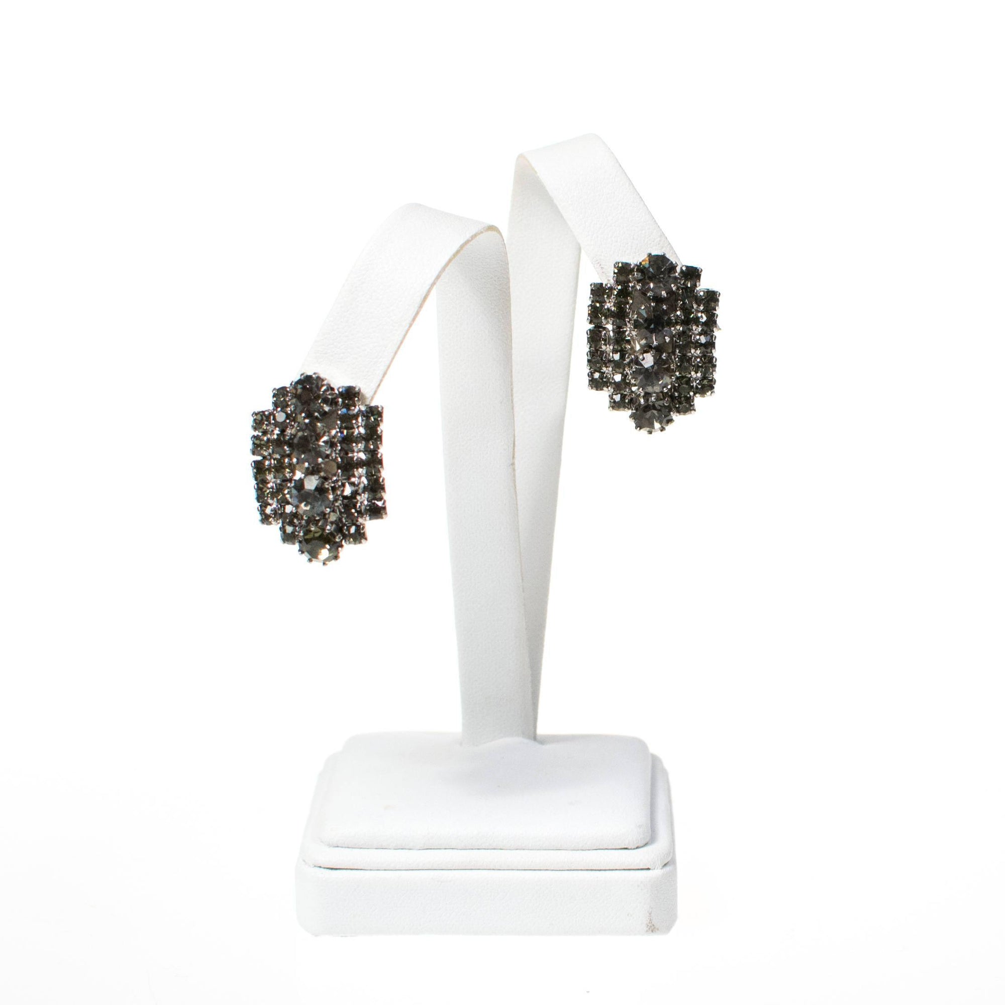 Vintage Black Diamond Crystal Rhinestone Earrings, Clip On by 1950s - Vintage Meet Modern Vintage Jewelry - Chicago, Illinois - #oldhollywoodglamour #vintagemeetmodern #designervintage #jewelrybox #antiquejewelry #vintagejewelry