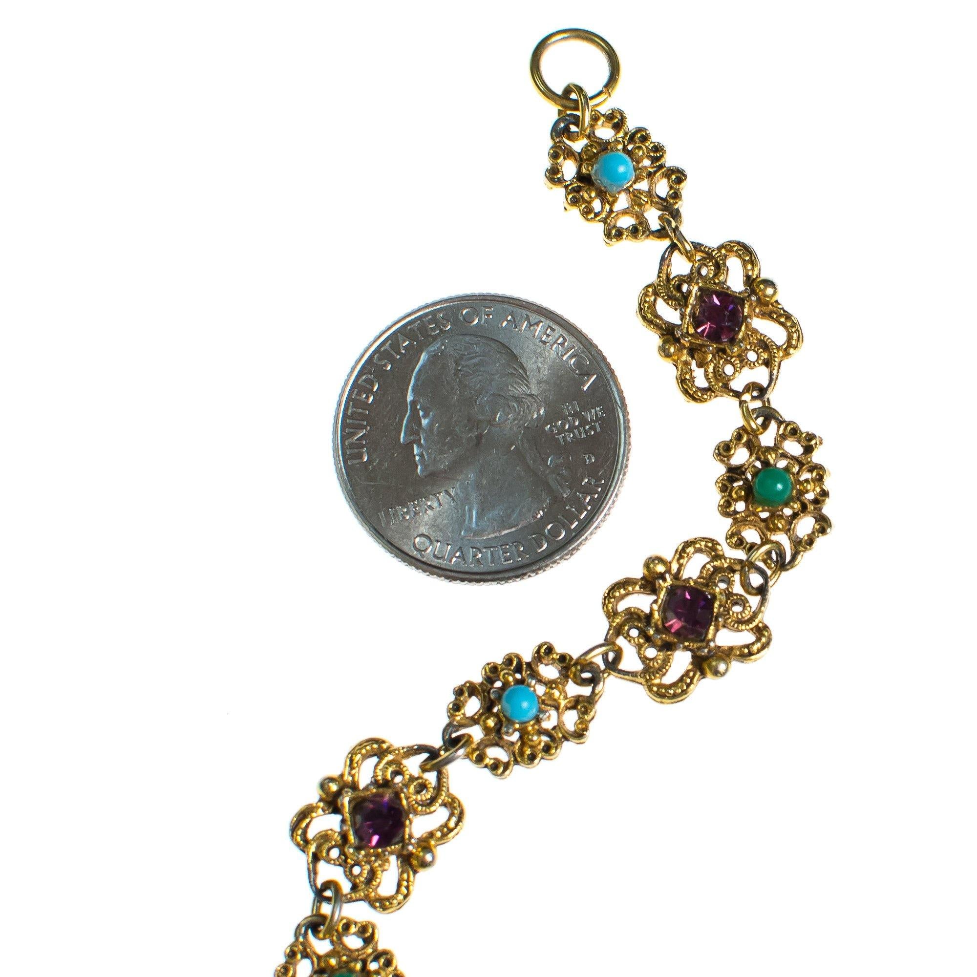 Vintage Florenza Gold Filigree Panel Link Bracelet with Amethyst Crystals, Turquoise, and Jade Green Beads by 1960s - Vintage Meet Modern Vintage Jewelry - Chicago, Illinois - #oldhollywoodglamour #vintagemeetmodern #designervintage #jewelrybox #antiquejewelry #vintagejewelry