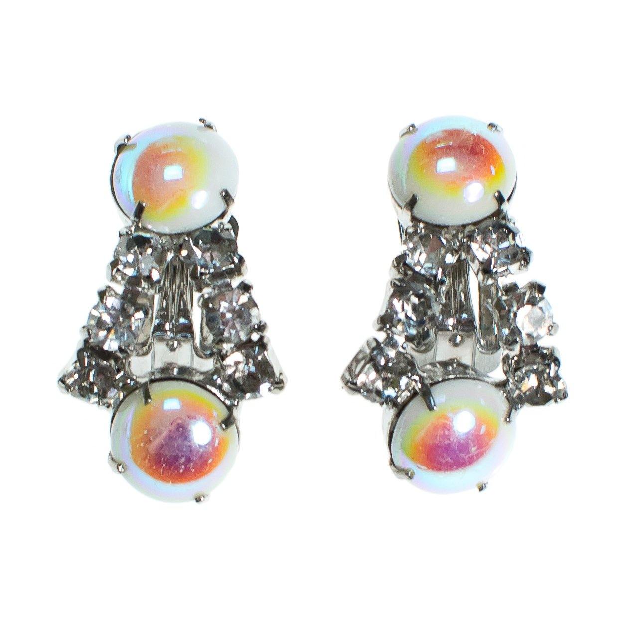 Vintage Rhinestone Earrings with White Iridescent Milk Glass Cabochons by 1950s - Vintage Meet Modern Vintage Jewelry - Chicago, Illinois - #oldhollywoodglamour #vintagemeetmodern #designervintage #jewelrybox #antiquejewelry #vintagejewelry