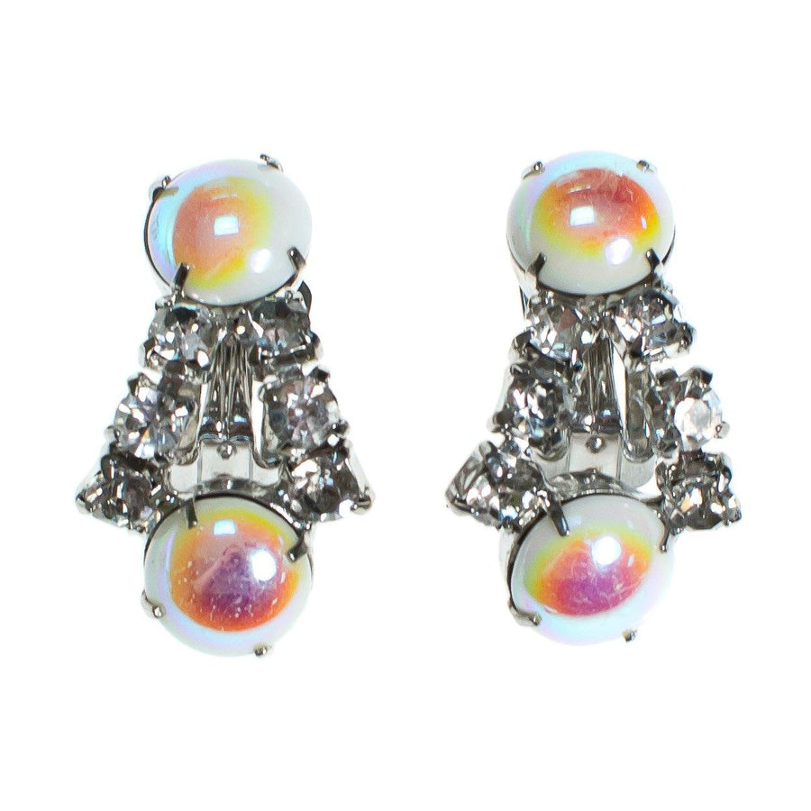 Vintage Rhinestone Earrings with White Iridescent Milk Glass Cabochons by 1950s - Vintage Meet Modern Vintage Jewelry - Chicago, Illinois - #oldhollywoodglamour #vintagemeetmodern #designervintage #jewelrybox #antiquejewelry #vintagejewelry