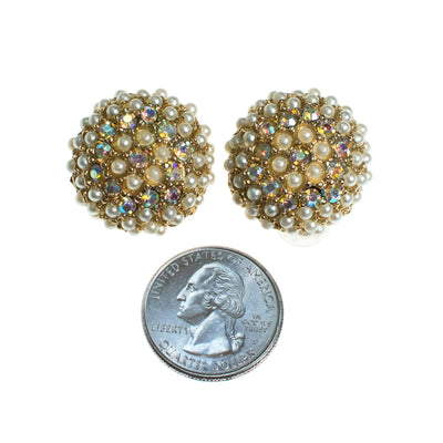 Vintage Seed Pearl and Aurora Borealis Domed Round Clip Earrings Button Style by Aurora Borealis - Vintage Meet Modern Vintage Jewelry - Chicago, Illinois - #oldhollywoodglamour #vintagemeetmodern #designervintage #jewelrybox #antiquejewelry #vintagejewelry