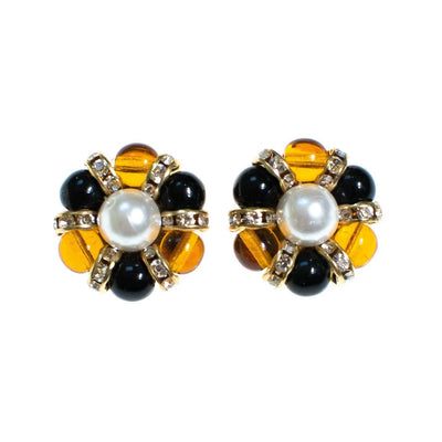 Vintage Made in Italy Black, Brown Murano Glass Bead Earrings with Pearl Center and Rhinestones Clip On by Made in Italy - Vintage Meet Modern Vintage Jewelry - Chicago, Illinois - #oldhollywoodglamour #vintagemeetmodern #designervintage #jewelrybox #antiquejewelry #vintagejewelry