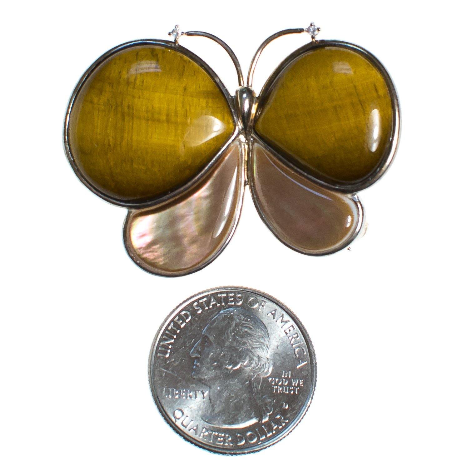 Vintage Tigers Eye and Mother of Pearl Butterfly Brooch set in Sterling Silver by 1980s - Vintage Meet Modern Vintage Jewelry - Chicago, Illinois - #oldhollywoodglamour #vintagemeetmodern #designervintage #jewelrybox #antiquejewelry #vintagejewelry