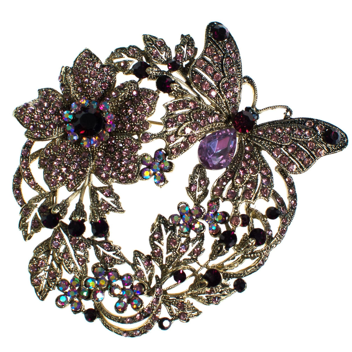 Vintage Butterfly and Floral Brooch with Purple Rhinestones
