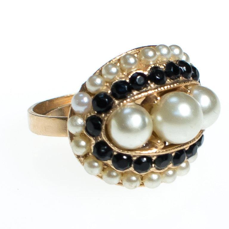 Vintage Pearl and Black Rhinestone Statement Ring Gold Tone Adjustable by 1960s - Vintage Meet Modern Vintage Jewelry - Chicago, Illinois - #oldhollywoodglamour #vintagemeetmodern #designervintage #jewelrybox #antiquejewelry #vintagejewelry