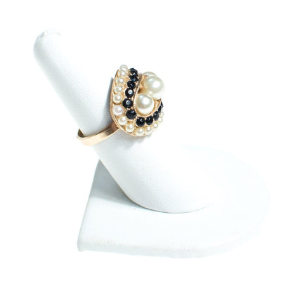 Vintage Pearl and Black Rhinestone Statement Ring Gold Tone Adjustable by 1960s - Vintage Meet Modern Vintage Jewelry - Chicago, Illinois - #oldhollywoodglamour #vintagemeetmodern #designervintage #jewelrybox #antiquejewelry #vintagejewelry
