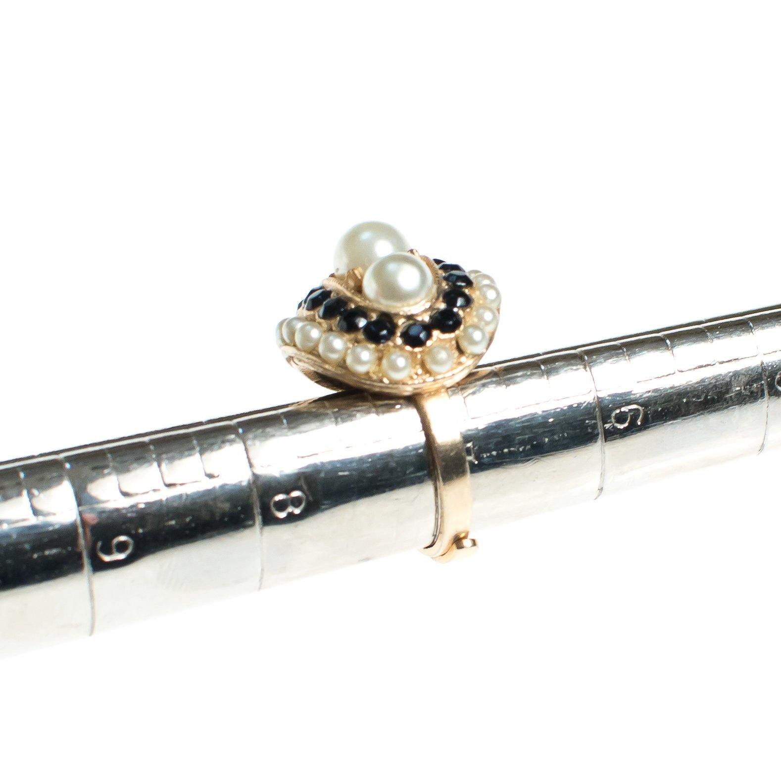 Vintage Pearl and Black Rhinestone Statement Ring Gold Tone Adjustable by 1960s - Vintage Meet Modern Vintage Jewelry - Chicago, Illinois - #oldhollywoodglamour #vintagemeetmodern #designervintage #jewelrybox #antiquejewelry #vintagejewelry