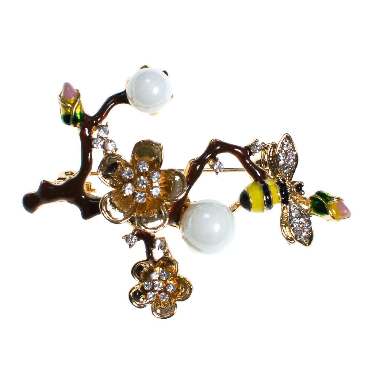 Vintage Bee on a Branch Brooch, Cherry Blossom Gold Tone Rhinestones