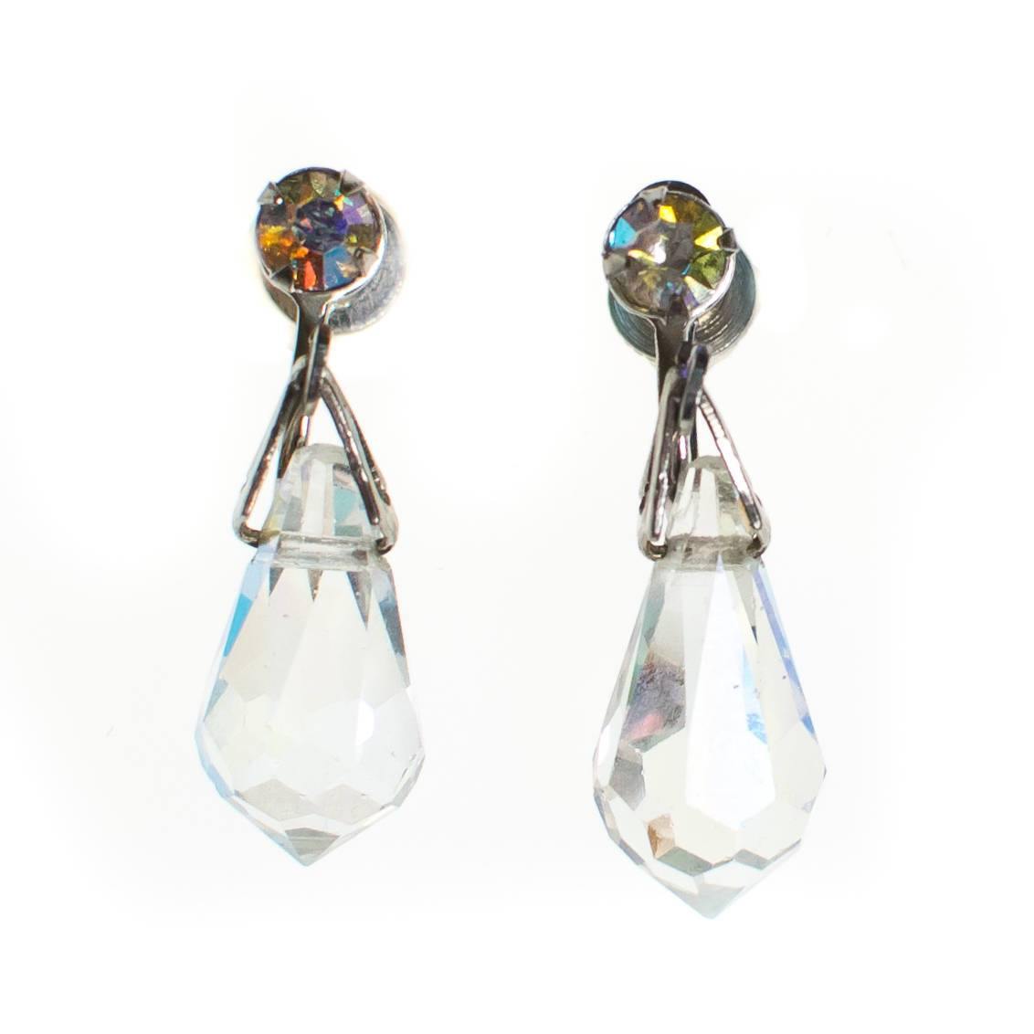 Vintage Aurora Borealis Faceted Crystal Dangling Drop Earrings, 1950s, Screw Back