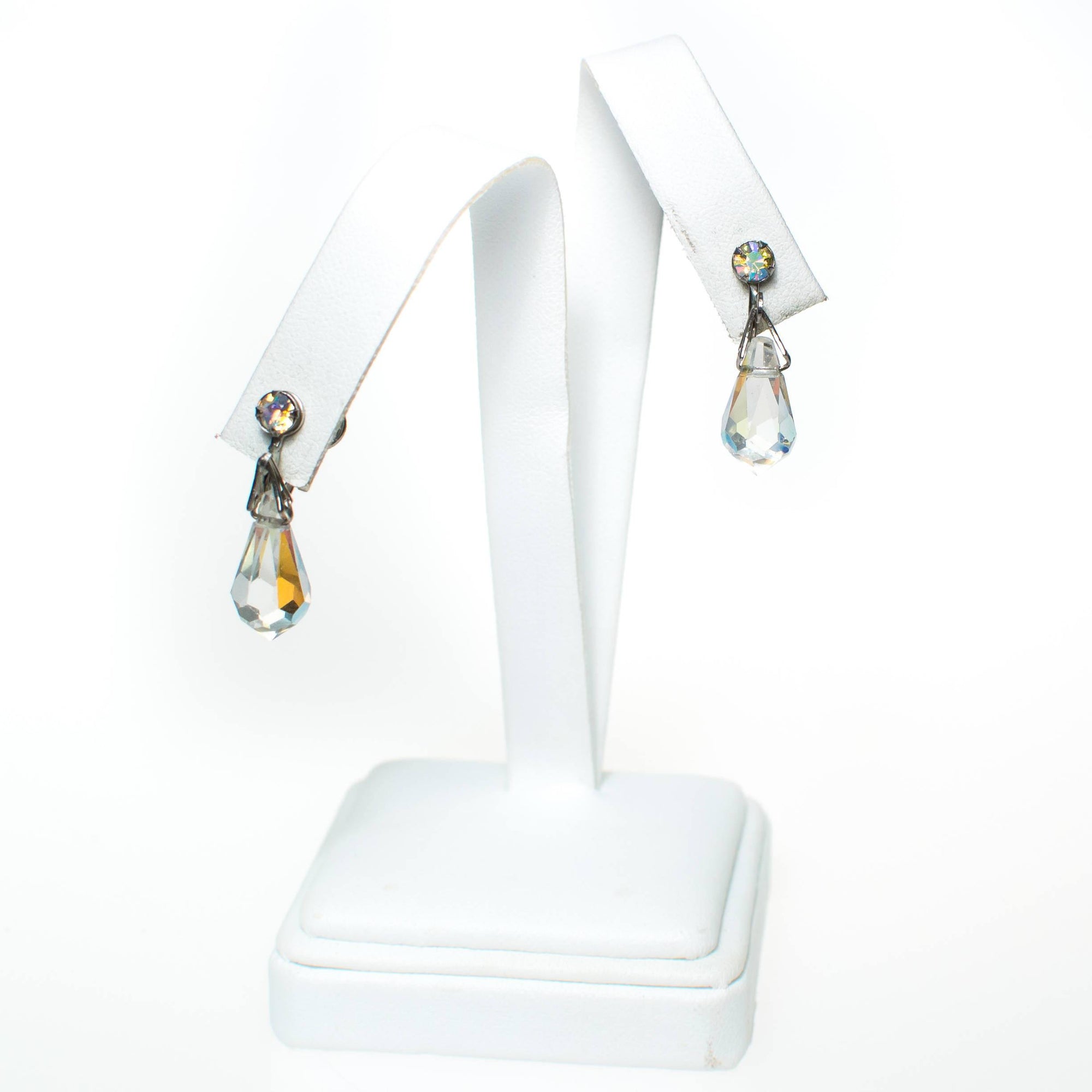 Vintage Aurora Borealis Faceted Crystal Dangling Drop Earrings, 1950s, Screw Back by Aurora Borealis - Vintage Meet Modern Vintage Jewelry - Chicago, Illinois - #oldhollywoodglamour #vintagemeetmodern #designervintage #jewelrybox #antiquejewelry #vintagejewelry