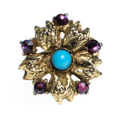 Vintage Flower Statement Ring with Amethyst Crystal and Turquoise Lucite Antique Gold Tone Adjustable by 1960s - Vintage Meet Modern Vintage Jewelry - Chicago, Illinois - #oldhollywoodglamour #vintagemeetmodern #designervintage #jewelrybox #antiquejewelry #vintagejewelry