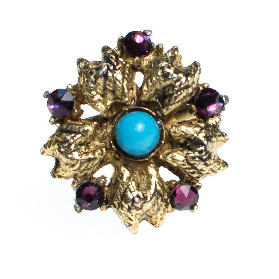 Vintage Flower Statement Ring with Amethyst Crystal and Turquoise Lucite Antique Gold Tone Adjustable