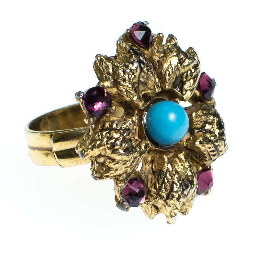 Vintage Flower Statement Ring with Amethyst Crystal and Turquoise Lucite Antique Gold Tone Adjustable by 1960s - Vintage Meet Modern Vintage Jewelry - Chicago, Illinois - #oldhollywoodglamour #vintagemeetmodern #designervintage #jewelrybox #antiquejewelry #vintagejewelry