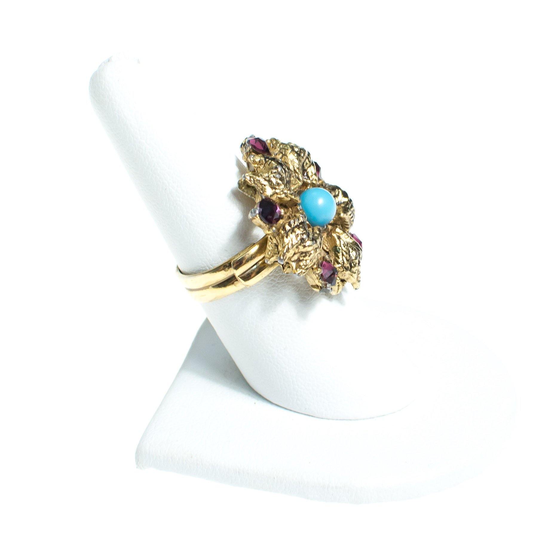 Vintage Flower Statement Ring with Amethyst Crystal and Turquoise Lucite Antique Gold Tone Adjustable by 1960s - Vintage Meet Modern Vintage Jewelry - Chicago, Illinois - #oldhollywoodglamour #vintagemeetmodern #designervintage #jewelrybox #antiquejewelry #vintagejewelry